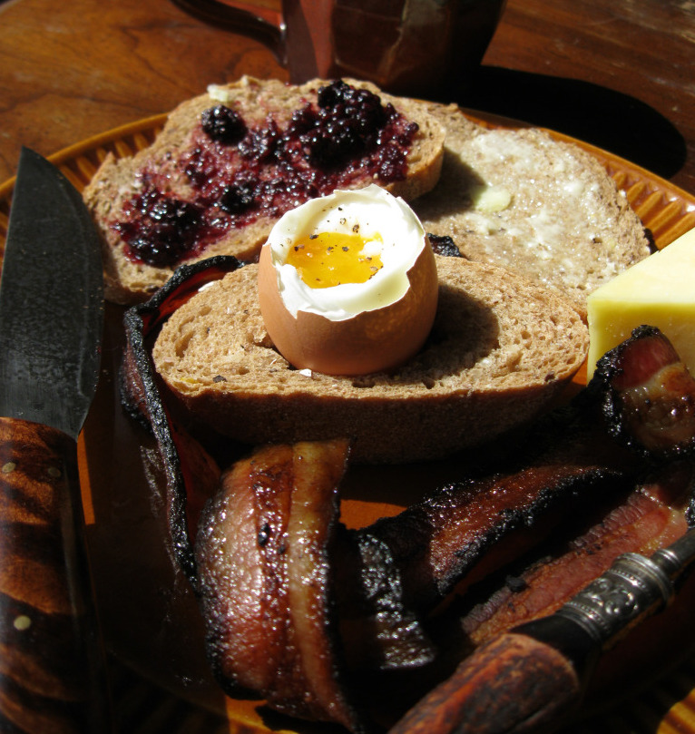 There was much more than she’d asked for: hot bread, butter and honey and blackberry preserves, a rasher of bacon and a soft-boiled egg, a wedge of cheese, a pot of mint tea. 