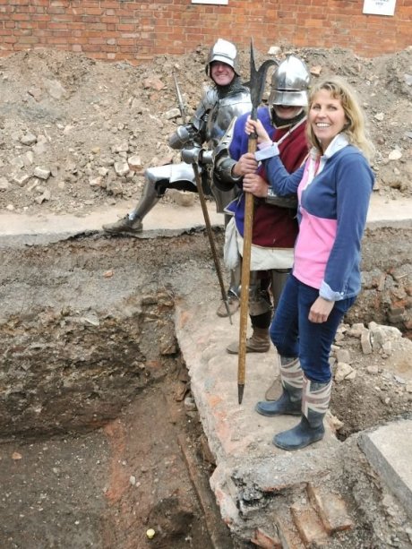  Philippa Langley, a member of the Richard III Society, with medieval re-enactors at the site where Richard III's remains were discovered