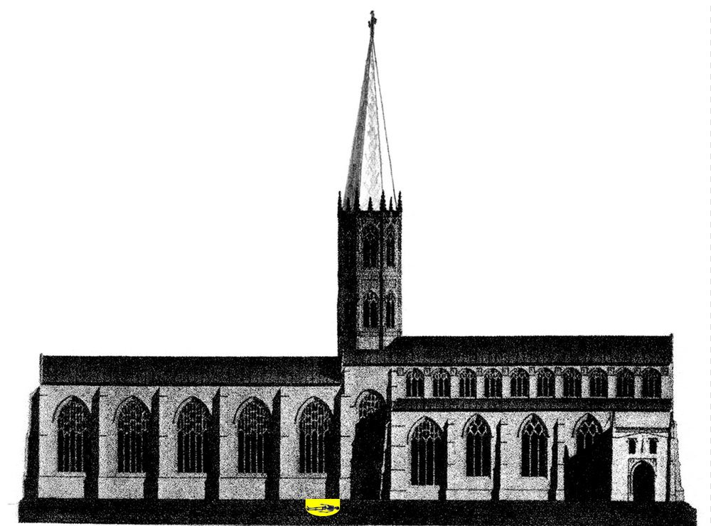 John Ashdown-Hill's proposed reconstruction of the Leicester Greyfriars Church, seen from the north side (St Martin's Street). The choir is the part of the church to the east of the central tower. Richard III's grave site, beneath the western end of the choir, is marked in yellow.