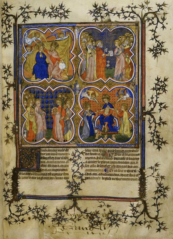 Miniature of the Coronation of the Virgin, with male and female saints, and the Last Judgement.