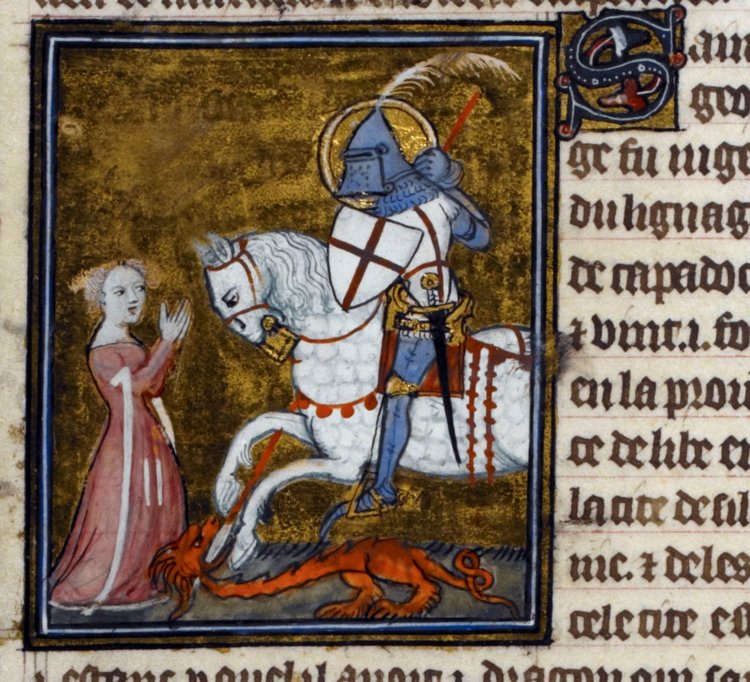 Detail of a miniature of George killing the dragon, with the princess kneeling