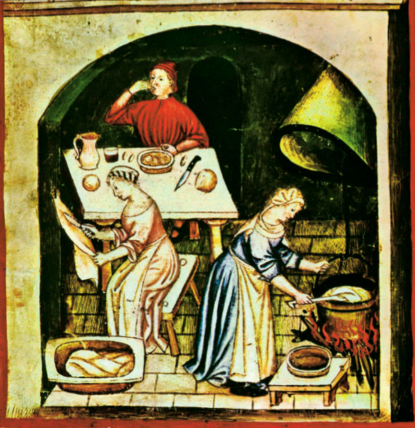 Women in the kitchen. (Tacuinum Sanitatis, Vienna