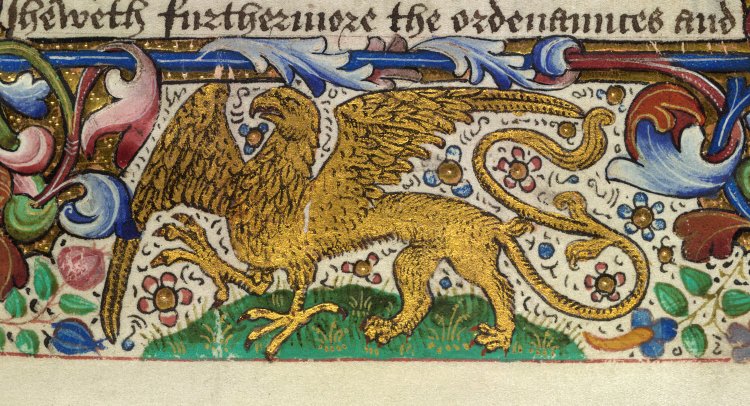 Detail of the griffin of Salisbury from De re militari (the Book of Vegecye of Dedes of Knyghthode). This book is thought to be intended for Edward of Middleham