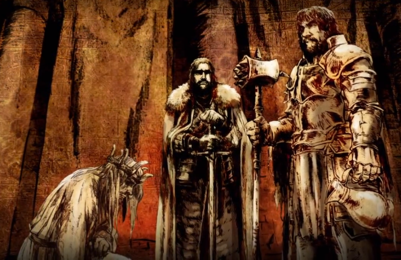 Balon kneels to Robert Baratheon and Eddard Stark after his rebellion fails