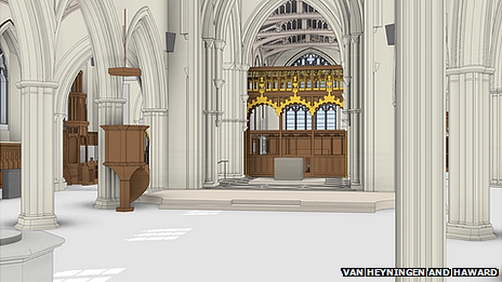 the tomb would be positioned in a special area defined by wooden screens, with the tomb facing the Cathedral’s "magnificent east window depicting Christ the King coming in victory at the last"