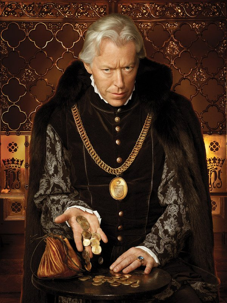     Nick Dunning in a ludicrous promotional shot for Season 2 of The Tudors, depicting Thomas Boleyn as evil and money-hungry